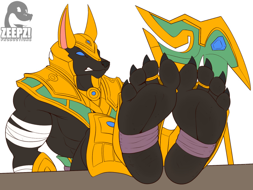 anubian_jackal barefoot canid canine canis feet hi_res jackal league_of_legends male mammal nasus_(lol) riot_games soles solo toes zp92