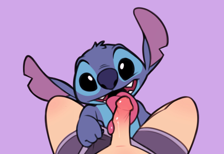 4_fingers alien anthro black_eyes blue_body blue_fur blue_nose clothing clothing_pull disney duo experiment_(lilo_and_stitch) fingers first_person_view fur genitals hi_res human licking lilo_and_stitch looking_at_viewer male male/male mammal oral penis sex simple_background smile stitch_(lilo_and_stitch) tongue tongue_out underwear underwear_pull yourownsnack