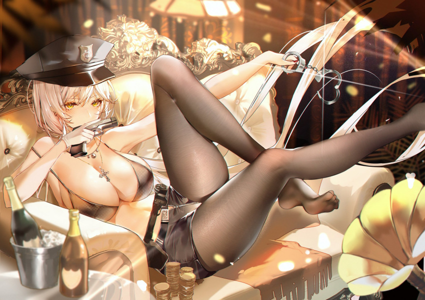 1girl azur_lane bangs bare_shoulders bikini bikini_top_only black_headwear black_pantyhose black_shorts blurry bottle bra breasts coin covered_mouth cross cross_necklace cuffs depth_of_field feet floating_hair foot_out_of_frame foot_up gloves gold_coin gun handcuffs handgun hat highres holding holding_gun holding_handcuffs holding_weapon ice indoors jewelry kirov_(azur_lane) lamp large_breasts leg_up legs long_hair looking_at_viewer necklace pantyhose peaked_cap phonograph police_hat reclining see-through see-through_legwear short_shorts shorts sideboob sidelocks sitting solo swimsuit thighs underwear very_long_hair weapon white_gloves xiongshouji yellow_eyes zipper zipper_pull_tab