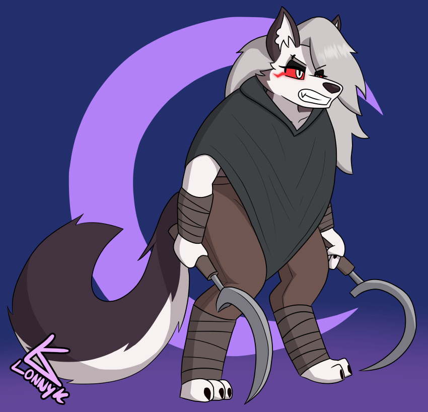 absurd_res angry anthro canid canid_demon clothing cosplay costume crossover crossover_cosplay death_(puss_in_boots) demon dreamworks female hellhound helluva_boss hi_res hunched_over lonnyk loona_(helluva_boss) mammal poncho puss_in_boots_(film) puss_in_boots_the_last_wish solo standing weapon