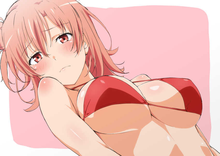 1girl absurdres bikini blush breasts closed_mouth commentary covered_nipples embarrassed hair_bun highres large_breasts looking_at_viewer medium_hair orange_hair outside_border red_bikini red_eyes shou937 single_side_bun sketch solo swimsuit two-tone_background underboob yahari_ore_no_seishun_lovecome_wa_machigatteiru. yuigahama_yui