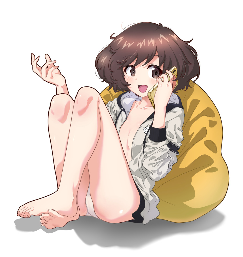 1girl :d akiyama_yukari alternate_costume bangs barefoot bean_bag_chair blush breasts brown_eyes brown_hair cellphone collarbone crossed_legs eyelashes feet full_body girls_und_panzer grey_jacket hands_up highres holding holding_phone hood hooded_jacket jacket knees_up leaning_back legs legs_together long_legs looking_to_the_side medium_hair messy_hair nail_polish no_bra no_pants open_clothes open_jacket panties phone pink_nails shadow shiina_excel shiny_hair simple_background small_breasts smartphone smile solo spread_toes swept_bangs thighs toe_scrunch toenail_polish toenails toes underwear white_background white_panties