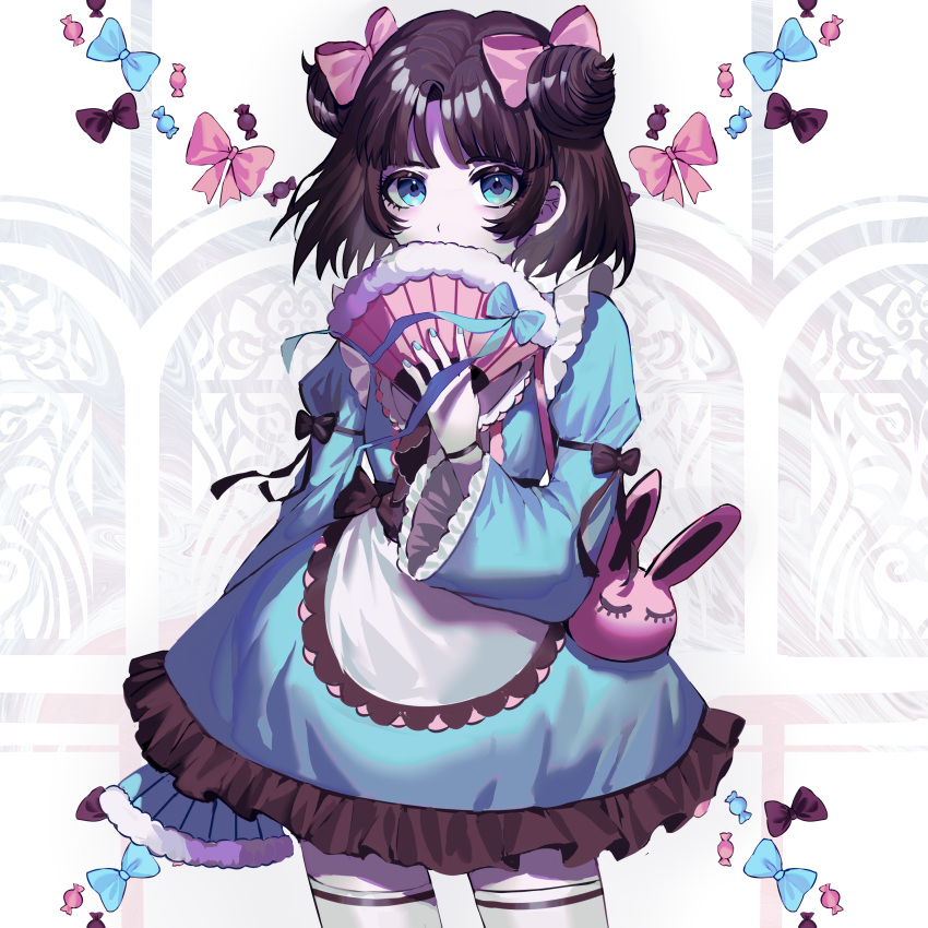 1girl absurdres animal_bag apron bag bangs blue_eyes bow bracelet brown_hair bunny_bag comiclove1314 covering_mouth double_bun dress folding_fan frilled_dress frills hair_bow hair_bun hand_fan highres holding holding_fan jewelry juliet_sleeves kayura_toshiko long_sleeves looking_at_viewer nail_polish parted_bangs project:_eden's_garden puffy_sleeves ribbon short_hair shoulder_bag solo thighhighs two_side_up waist_apron wrapped_candy