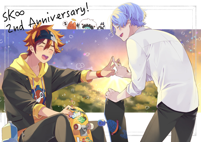 2boys ^_^ anniversary black_pants blue_hair blurry blurry_background bottle closed_eyes collared_shirt hasegawa_langa headband highres hood hoodie kyan_reki male_focus multiple_boys open_mouth orange_hair pants shirt sitting sk8_the_infinity skateboard sky smile uppi v water_bottle