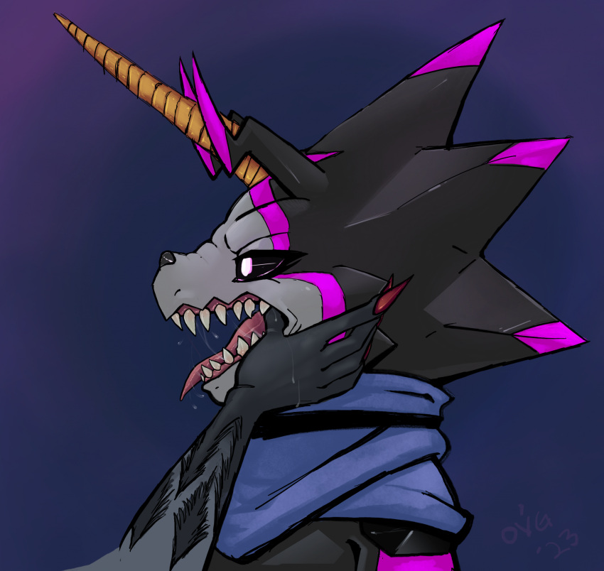 anthro bandai_namco belt black_body black_sclera bodily_fluids cape clothing cunningwise digimon digimon_(species) digimon_ghost_game duo fish_hooking gulusgammamon hi_res horn male mouth_play open_mouth saliva scalie sharp_teeth teeth tongue tongue_out