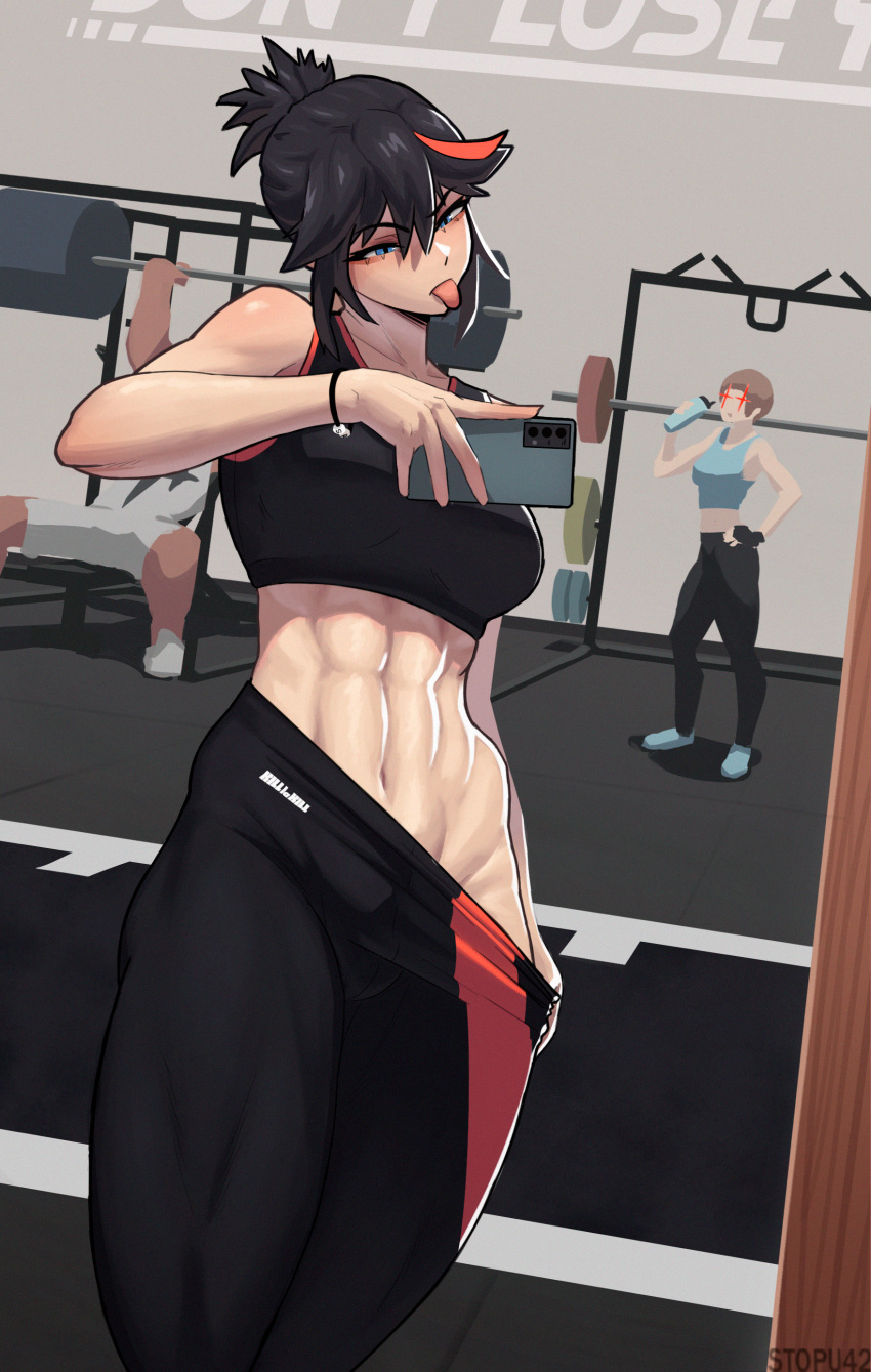 1boy 2girls abs absurdres barbell black_hair blue_eyes bottle brown_hair cellphone clothes_pull exercise gamagoori_ira glowing glowing_eyes gym highres kill_la_kill mankanshoku_mako matoi_ryuuko mirror multicolored_hair multiple_girls muscular muscular_female pants pants_pull phone red_hair selfie smartphone sports_bra stopu toned tongue tongue_out water_bottle