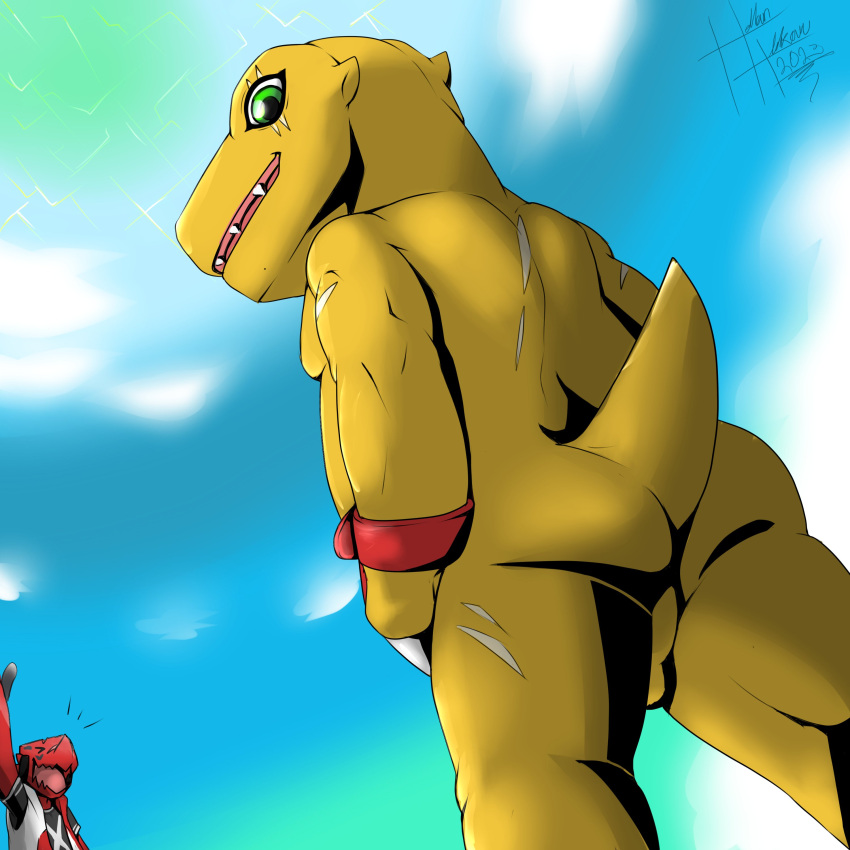 absurd_res agumon anthro backsack balls bandai_namco butt claws digimon digimon_(species) duo genitals green_eyes heibanhikaru hi_res looking_at_viewer low-angle_view male nude red_body scalie scar shoutmon yellow_body