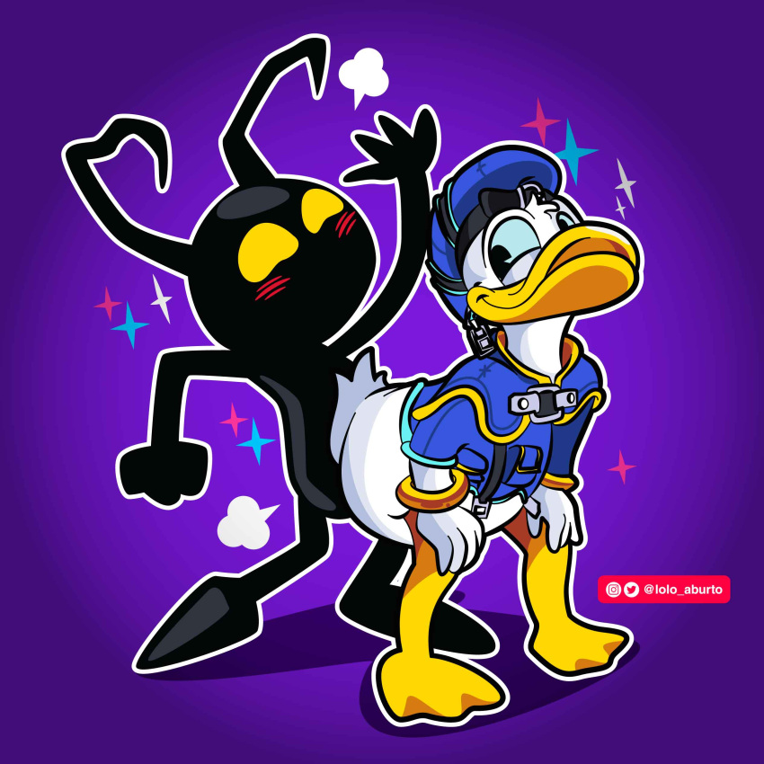 2021 absurd_res anatid anseriform anthro avian beak bird black_body blue_clothing blue_hat blue_headwear blue_sclera blush bottomless clothed clothing disney donald_duck duck duo hat headgear headwear heartless hi_res humanoid kingdom_hearts leaning leaning_forward lolo_aburto looking_back male male/male nude purple_background simple_background smile square_enix white_body yellow_eyes