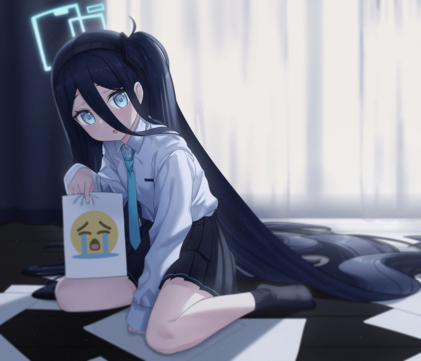 1girl absurdly_long_hair absurdres acaa aris_(blue_archive) black_hair black_skirt black_socks blue_archive blue_eyes blue_necktie blurry blush commission crying_emoji curtains depth_of_field emoji hair_between_eyes hairband halo highres holding holding_paper indoors long_hair long_sleeves meme necktie no_shoes open_mouth paper pixiv_commission shirt shirt_tucked_in side_ponytail sitting skirt socks solo uohhhhhhhhh!_(meme) very_long_hair wariza white_shirt