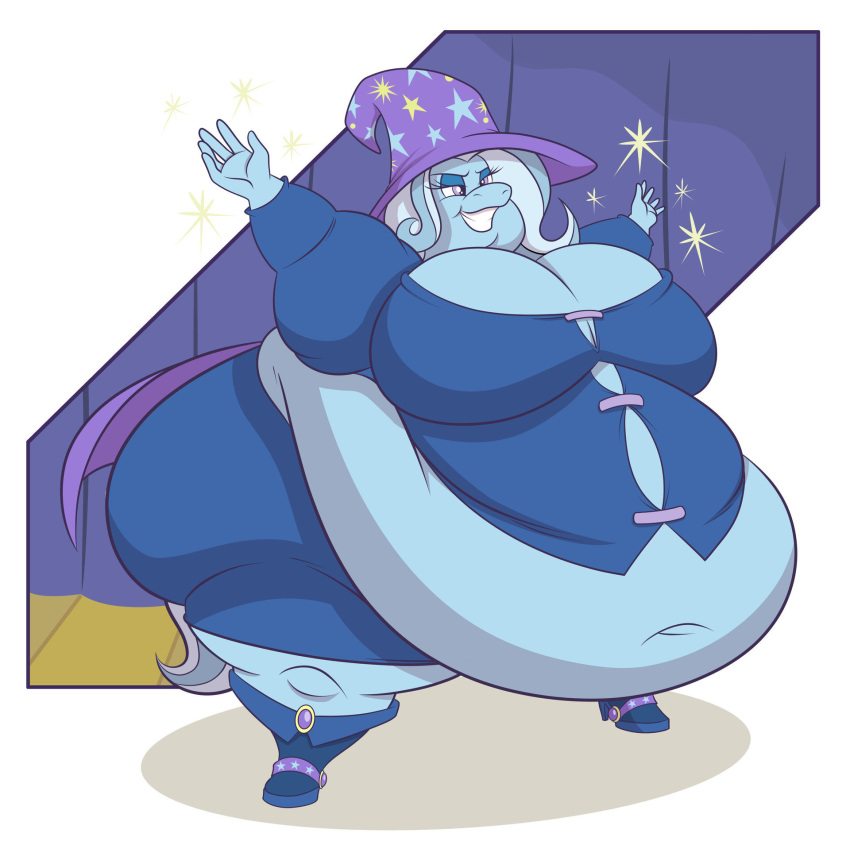 5_fingers anthro anthrofied belly big_belly big_breasts blue_body blue_hair breasts clothing equid equine female fingers friendship_is_magic hair hasbro hat headgear headwear hi_res huge_breasts huge_thighs humanoid_hands hyper hyper_belly hyper_breasts hyper_thighs mammal morbidly_obese morbidly_obese_anthro morbidly_obese_female my_little_pony navel obese obese_anthro obese_female overweight overweight_anthro overweight_female purple_eyes smile solo thick_thighs trixie_(mlp) tubbytoon wizard_hat