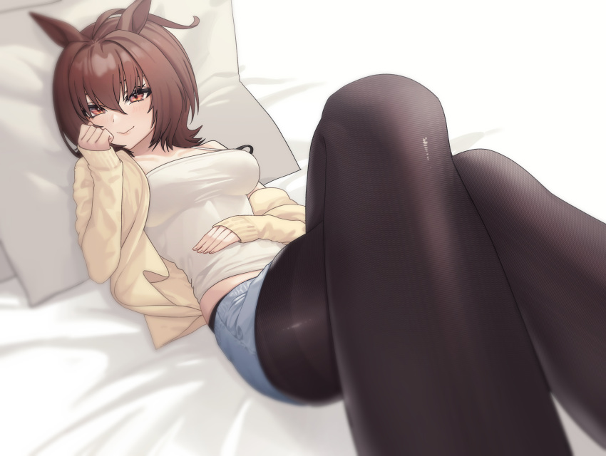 1girl absurdres acaa agnes_tachyon_(umamusume) ahoge alternate_costume animal_ears bangs black_pantyhose blue_shorts blurry blush breasts brown_hair camisole closed_mouth crossed_legs depth_of_field feet_out_of_frame highres horse_ears jacket looking_at_viewer medium_breasts medium_hair on_bed orange_eyes pantyhose perspective pillow shirt short_shorts shorts sleeves_past_wrists smile solo thighband_pantyhose umamusume white_shirt yellow_jacket