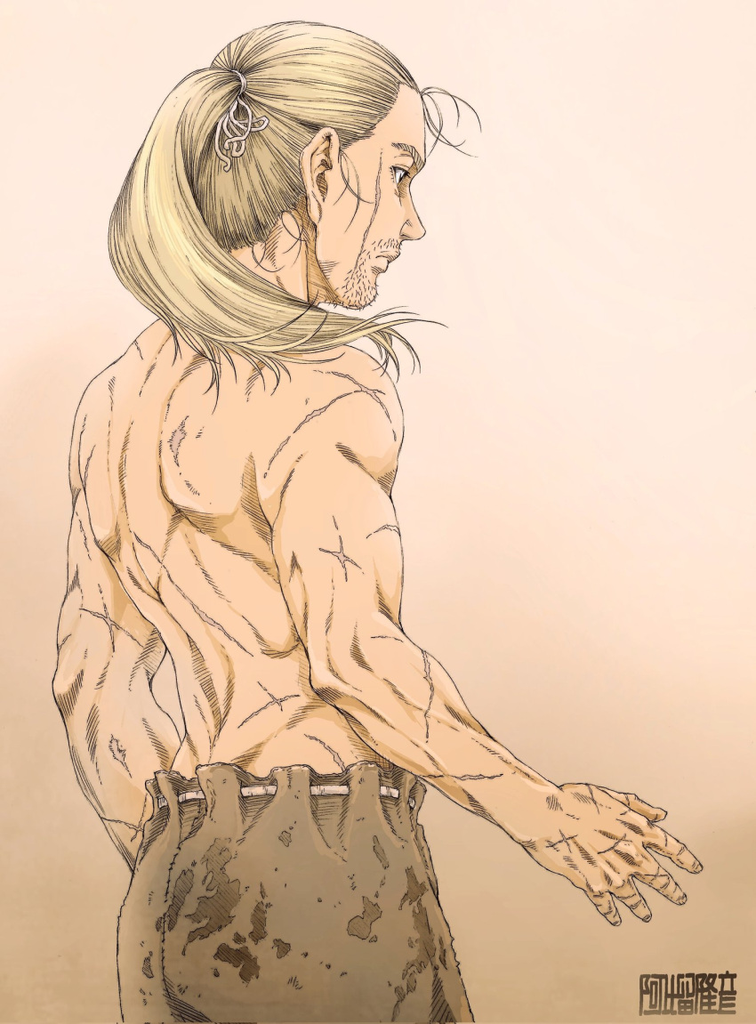 1boy abiru_takahiko artist_name back blonde_hair closed_mouth facial_hair highres looking_away male_focus multiple_scars pants ponytail scar scar_on_arm scar_on_back scar_on_cheek scar_on_face scar_on_hand slave solo stubble thorfinn vinland_saga