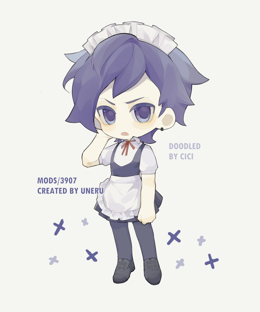 1boy alternate_costume apron arm_behind_head bangs blush chibi crossdressing dress dress_tug earrings enmaided frown full_body highres jewelry maid maid_headdress male_focus neck_ribbon open_mouth pantyhose pinafore_dress purple_eyes purple_hair ribbon sebastian short_hair short_sleeves solo stardew_valley waist_apron ying_zui_yu_weiba_de_shengzhang