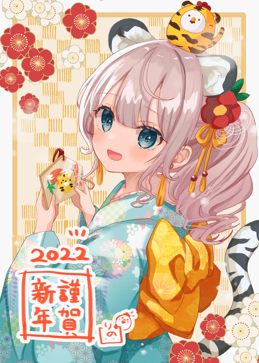 1girl 2022 animal_costume animal_ears animal_on_head animal_print aqua_kimono bangs bird blue_eyes checkered_background chicken chinese_zodiac commentary_request earrings ema floral_print flower food from_side grey_hair hair_flower hair_ornament happy_new_year highres holding japanese_clothes jewelry kimono long_sleeves looking_at_viewer medium_hair nengajou new_year obi on_head open_mouth original partial_commentary ponytail print_kimono rino_cnc sash smile solo tail tiger_costume tiger_ears tiger_print tiger_tail translated wavy_hair wide_sleeves year_of_the_tiger