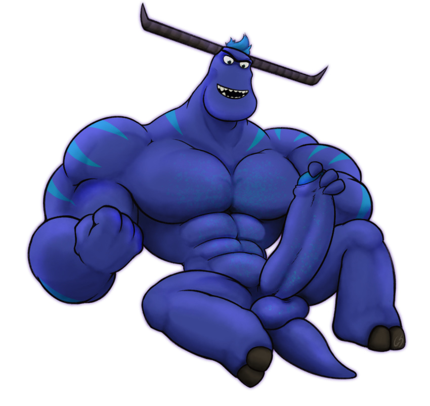 anthro balls big_penis blue_markings disney genitals horn horned_humanoid huge_penis humanoid humanoid_genitalia male markings masturbation monster monsters_at_work monsters_inc muscular muscular_male penis pixar purple_body purple_skin solo tagme tail tylor_tuskmon