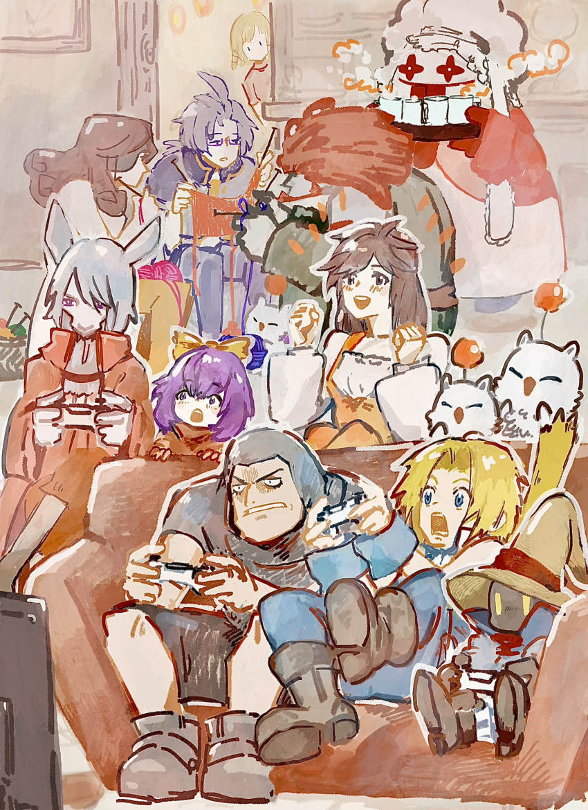 1other 5boys 5girls adelbert_steiner animal_ears beatrix_(ff9) black_mage_(final_fantasy) blonde_hair blue_eyes blue_pants blue_wrist_cuffs blush bodysuit bow breasts brown_hair burmecian chef_hat child clenched_teeth coat controller couch creature curly_hair dreadlocks eiko_carol everyone eyepatch final_fantasy final_fantasy_ix freija_crescent game_controller garnet_til_alexandros_xvii glasses grey_hair hair_between_eyes hair_bow hat highres holding holding_controller holding_game_controller knitting kuja medium_breasts moogle mouse_ears mouse_girl multiple_boys multiple_girls open_mouth orange_bodysuit pants playing_games purple_hair quina_quen red_coat red_hair salamander_coral shirt sitting sketch smile swept_bangs teeth tongue tongue_out vivi_ornitier white_shirt wizard_hat wrist_cuffs yellow_bow yellow_eyes yoshidaaaan zidane_tribal
