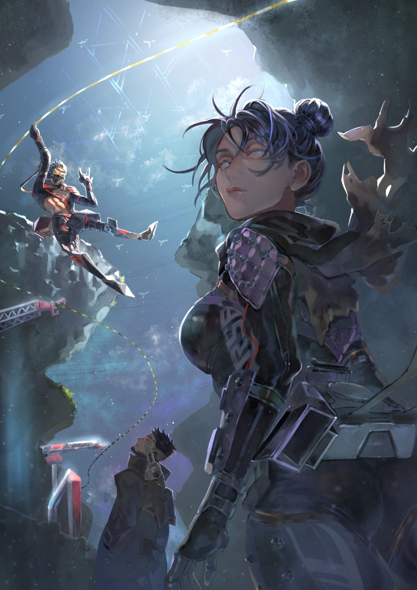 1girl 2boys \m/ airborne animification apex_legends black_bodysuit black_gloves black_hair black_jacket black_scarf black_shorts bodysuit breasts broken_moon_(apex_legends) commentary crypto_(apex_legends) gloves hair_behind_ear hair_bun highres jacket kawaniwa looking_at_viewer looking_back looking_up mechanical_legs medium_breasts multiple_boys nose_piercing octane_(apex_legends) official_alternate_costume overdrive_octane piercing scarf shorts single_hair_bun symbol-only_commentary the_hired_gun_crypto wraith_(apex_legends)