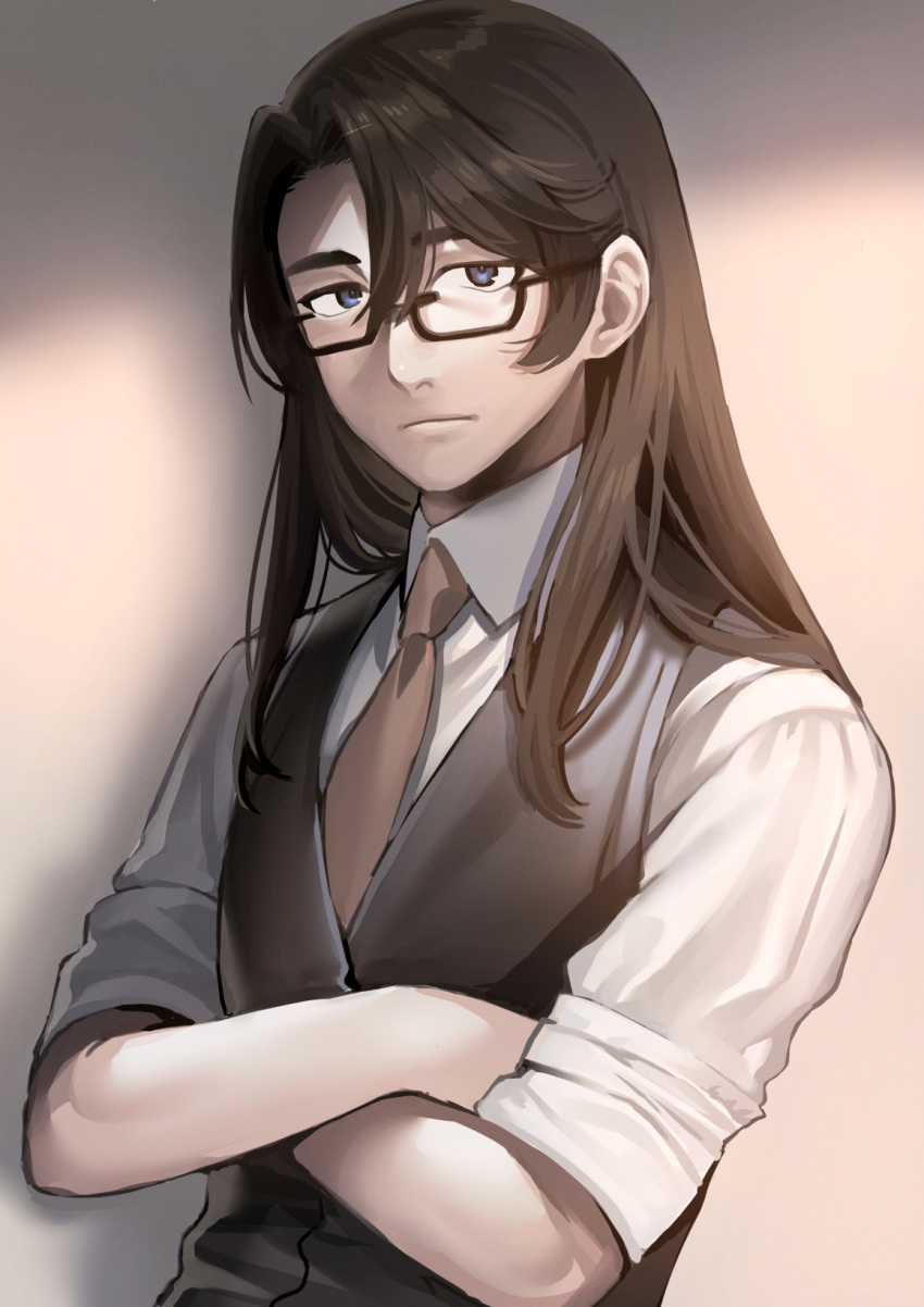 1boy akagi_kurage bangs brown_hair collared_shirt crossed_arms glasses highres long_hair looking_at_viewer male_focus necktie original parted_bangs purple_eyes shirt sleeves_rolled_up solo vest