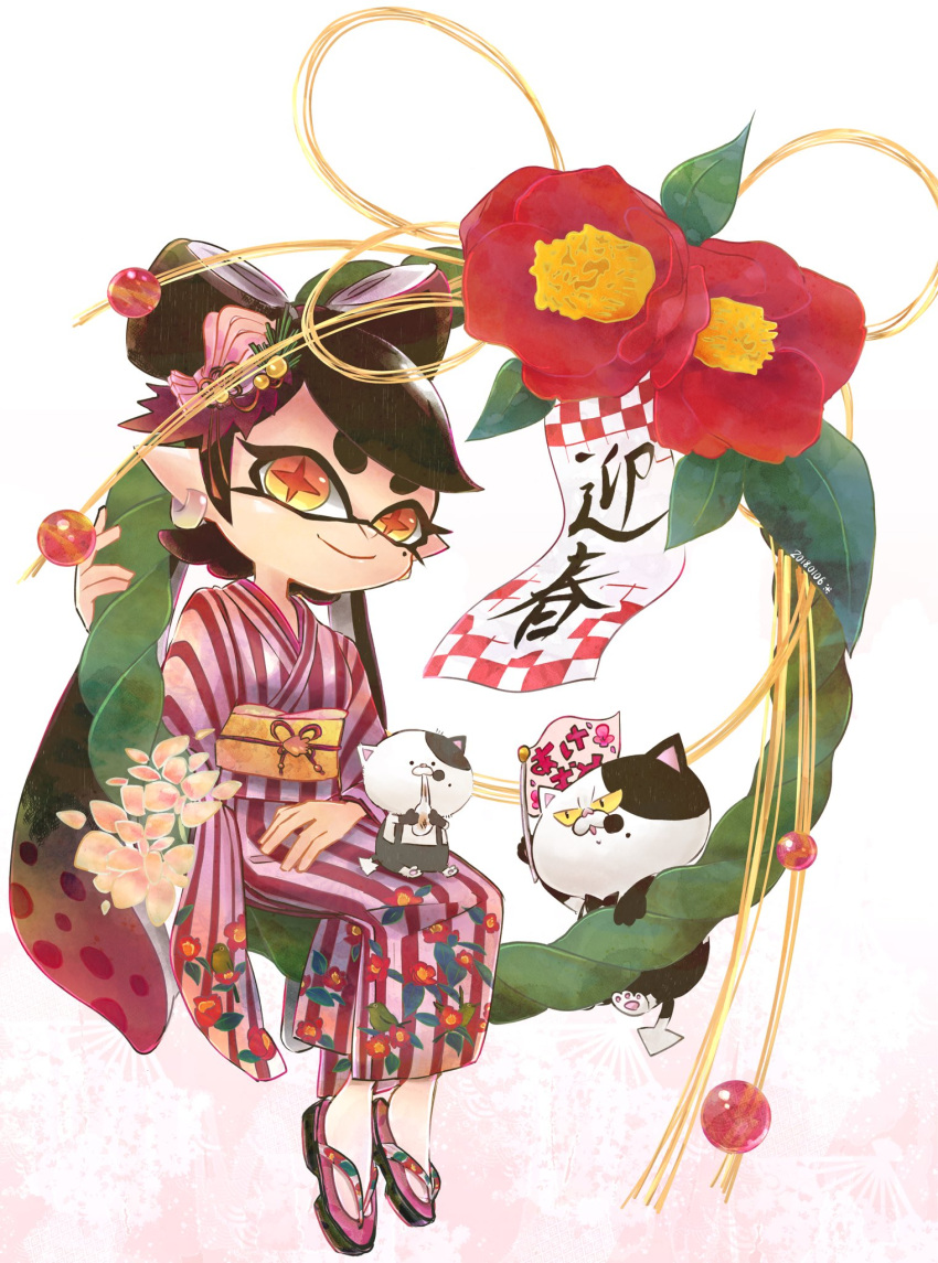 1girl animal_on_lap bangs callie_(splatoon) camellia cat closed_mouth cross-shaped_pupils dated earrings flower food food_on_head furisode hair_ornament highres japanese_clothes jewelry judd_(splatoon) kimono li'l_judd_(splatoon) long_hair long_sleeves looking_at_viewer mole mole_under_eye new_year obi object_on_head okome_2g2g on_lap orange_eyes pink_footwear pointy_ears red_flower red_kimono sandals sash sitting smile socks solo splatoon_(series) striped striped_kimono sushi swept_bangs symbol-shaped_pupils tabi tentacle_hair vertical-striped_kimono vertical_stripes very_long_hair white_background white_socks wide_sleeves