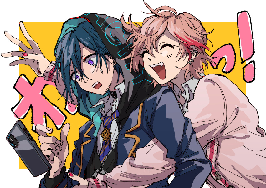 2boys absurdres atago_rentaro blue_hair blush closed_eyes dankira!!! glomp highres hinata_mahiru hug hug_from_behind ikashim_(scp_ika) long_sleeves multicolored_background multiple_boys open_mouth otoko_no_ko pink_hair purple_eyes smile surprised white_background yaoi yellow_background