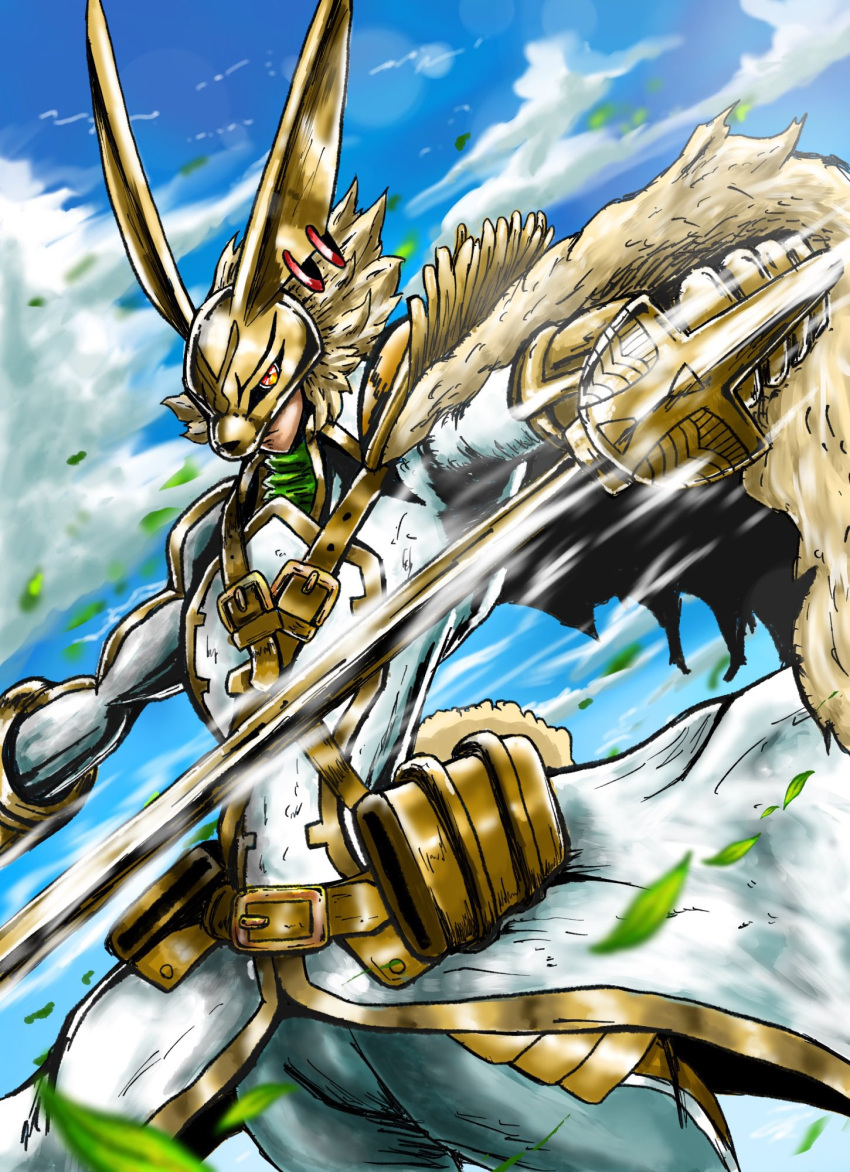 animal_humanoid armor bandai_namco diarbbitmon digimon digimon_ghost_game dual_wielding fur headgear helmet hi_res holding_object holding_weapon humanoid knight lagomorph lagomorph_humanoid leporid leporid_humanoid long_ears male mammal mammal_humanoid melee_weapon orange_eyes rabbit rabbit_humanoid rapier scut_tail short_tail solo sutunununu sword tail tailed_humanoid warrior weapon yellow_body yellow_fur