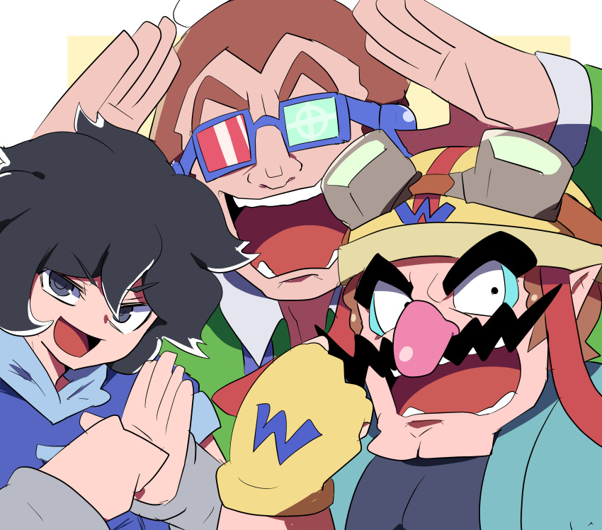 18-volt 3boys absurdres black_hair brown_hair chicken-rib facial_hair fingerless_gloves gloves goggles goggles_on_headwear helmet highres multiple_boys mustache nintendo pointy_ears sunglasses thick_eyebrows wario warioware young_cricket