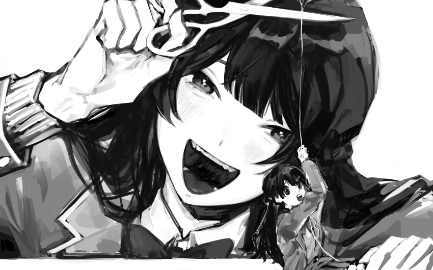 1girl 1other absurdres bangs blazer blunt_bangs bow bowtie cardigan climbing collared_shirt commentary crazy_smile greyscale hair_ornament hairclip half-closed_eyes hand_up head_tilt highres hime_cut holding holding_scissors jacket light_blush long_hair long_sleeves looking_at_viewer minigirl minuma_(nrp_ga) monochrome nazono_mito nijisanji open_mouth outside_border portrait school_uniform scissors shirt smile thread tsukino_mito