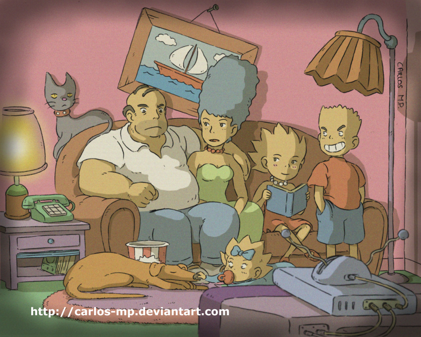 2boys 3girls absurdres animification antennae arm_around_shoulder artist_name baby bald bart_simpson blonde_hair blue_hair blush bow breasts brother_and_sister carlos-mp cat collar colored_sclera colored_skin commentary couch crt denim denim_shorts dog dress english_commentary facial_hair family father_and_daughter father_and_son food green_dress hair_bow highres homer_simpson indoors jeans jewelry lamp lisa_simpson long_hair maggie_simpson marge_simpson mother_and_daughter mother_and_son multiple_boys multiple_girls necklace on_couch open_mouth pacifier pants pearl_necklace phone picture_(object) popcorn reading red_dress red_shirt rug shirt short_sleeves shorts siblings sisters sitting small_breasts smile spiked_hair studio_ghibli_(style) teeth television the_simpsons white_shirt yellow_sclera yellow_skin