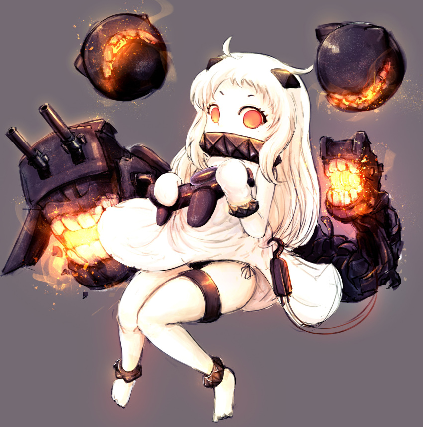 1girl absurdres abyssal_ship ahoge anklet barefoot black_panties bracelet collar colored_skin dress embers english_commentary female_child fire gloves grey_background highres horns jewelry kantai_collection long_hair looking_at_viewer northern_ocean_princess orange_eyes panties qkracho_(thesdroz) side-tie_panties simple_background sleeveless sleeveless_dress solo spiked_anklet spiked_bracelet spikes underwear white_dress white_gloves white_hair
