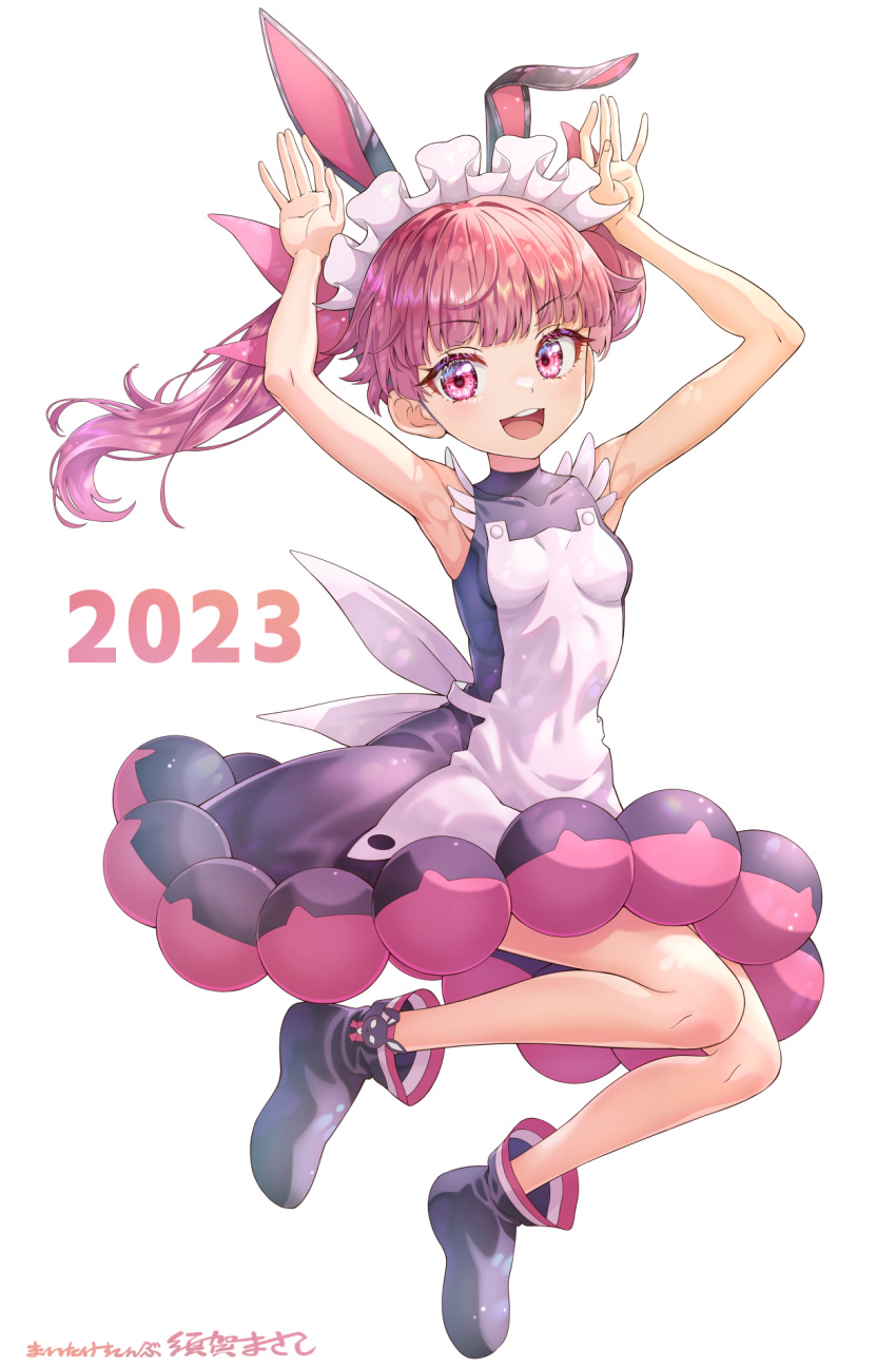 2023 animal_ears ankle_boots arms_up bangs black_dress black_footwear blunt_bangs boots bunny_pose chinese_zodiac commentary_request dress fake_animal_ears floating highres kemurikusa legs_up looking_at_viewer maid_headdress medium_dress medium_hair new_year open_mouth rabbit_ears red_eyes red_hair rina_(kemurikusa) simple_background sleeveless sleeveless_dress smile suga_masashi twintails white_background year_of_the_rabbit