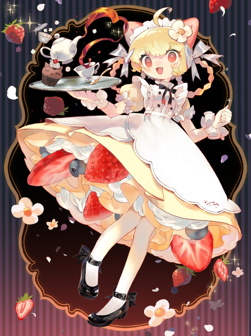 1girl ahoge animal-shaped_food apron black_footwear blonde_hair blueberry blush braid cherry commentary cup dress fang flower food food_on_hair frilled_cuffs frills fruit hair_flower hair_ornament hair_rings highres holding holding_plate looking_at_viewer maid maid_headdress muffin myu_(3u_gumi) open_mouth original pantyhose plate puffy_short_sleeves puffy_sleeves red_eyes ribbon short_sleeves sidelocks solo spoon strap strawberry sugar_cube symbol-only_commentary teacup teapot wrist_cuffs