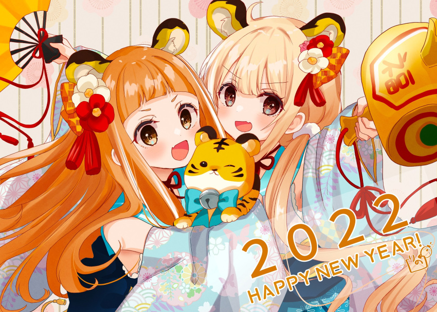 2022 2girls animal animal_ears aqua_sleeves bangs bell blonde_hair blue_dress blunt_bangs brown_eyes commentary detached_sleeves dress english_text fang flower folding_fan futaba_anzu hair_flower hair_ornament hair_tie hand_fan happy_new_year highres holding holding_animal holding_fan holding_mallet ichihara_nina idolmaster idolmaster_cinderella_girls japanese_clothes jingle_bell long_hair looking_at_viewer mallet multiple_girls new_year open_mouth orange_eyes orange_hair print_sleeves rino_cnc skin_fang sleeveless sleeveless_dress smile tiger tiger_ears very_long_hair