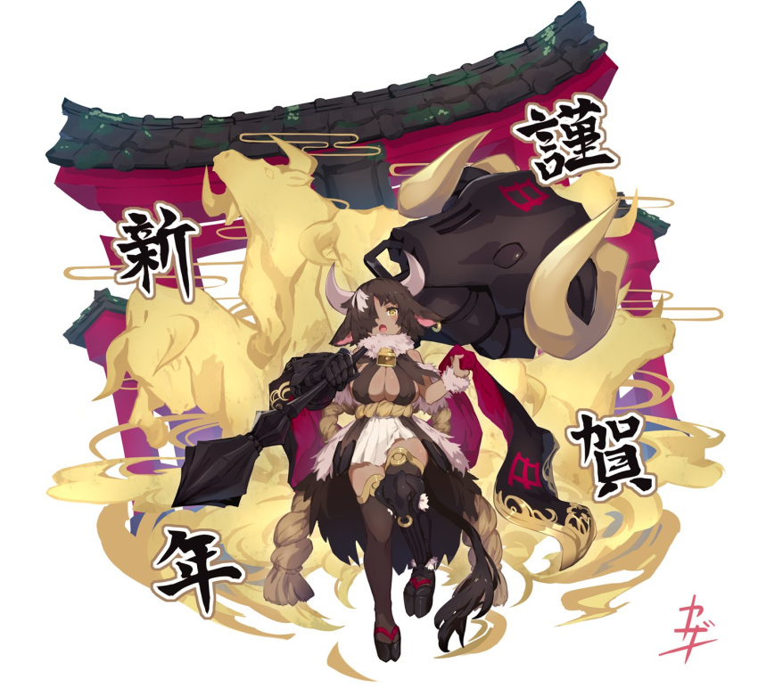 1girl artist_name bangs bell black_footwear black_gloves black_shirt black_thighhighs breasts chinese_zodiac cleavage commentary_request cowbell dark-skinned_female dark_skin ear_piercing egasumi fur_collar fur_cuffs gauntlets gloves hair_over_one_eye happy_new_year highres holding holding_mace holding_weapon kazana_(sakuto) large_breasts mace miniskirt new_year original ox_ears ox_girl ox_horns ox_tail piercing pleated_skirt rope rope_around_waist sandals shimenawa shirt short_hair signature single_gauntlet skirt solo standing standing_on_one_leg thighhighs torii translated weapon white_background white_skirt year_of_the_ox yellow_eyes