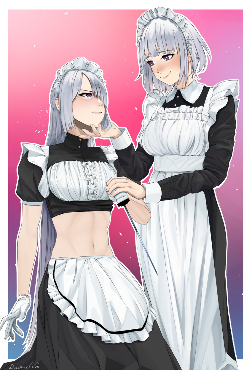 2girls ak-15_(girls'_frontline) alternate_costume apron artificial_eye artificial_eyes artist_name bangs blush border braid breasts closed_mouth darkpulsegg english_commentary enmaided french_braid girls'_frontline gloves grey_hair hand_on_another's_chin hand_on_another's_hand highres holding holding_knife kneeling knife lips long_hair long_sleeves looking_at_another maid maid_apron maid_headdress mechanical_eye medium_breasts medium_hair multiple_girls navel open_mouth parted_lips purple_eyes rpk-16_(girls'_frontline) short_sleeves simple_background smile standing stomach white_apron white_border white_gloves