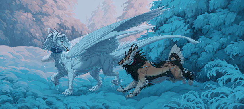 2023 4_toes ambiguous_gender blue_eyes collar day detailed_background digital_media_(artwork) dragon duo feathered_dragon feathered_wings feathers feet feral forest fur furred_dragon hair hi_res outside paws plant polunoch sky snow standing toes tree wings