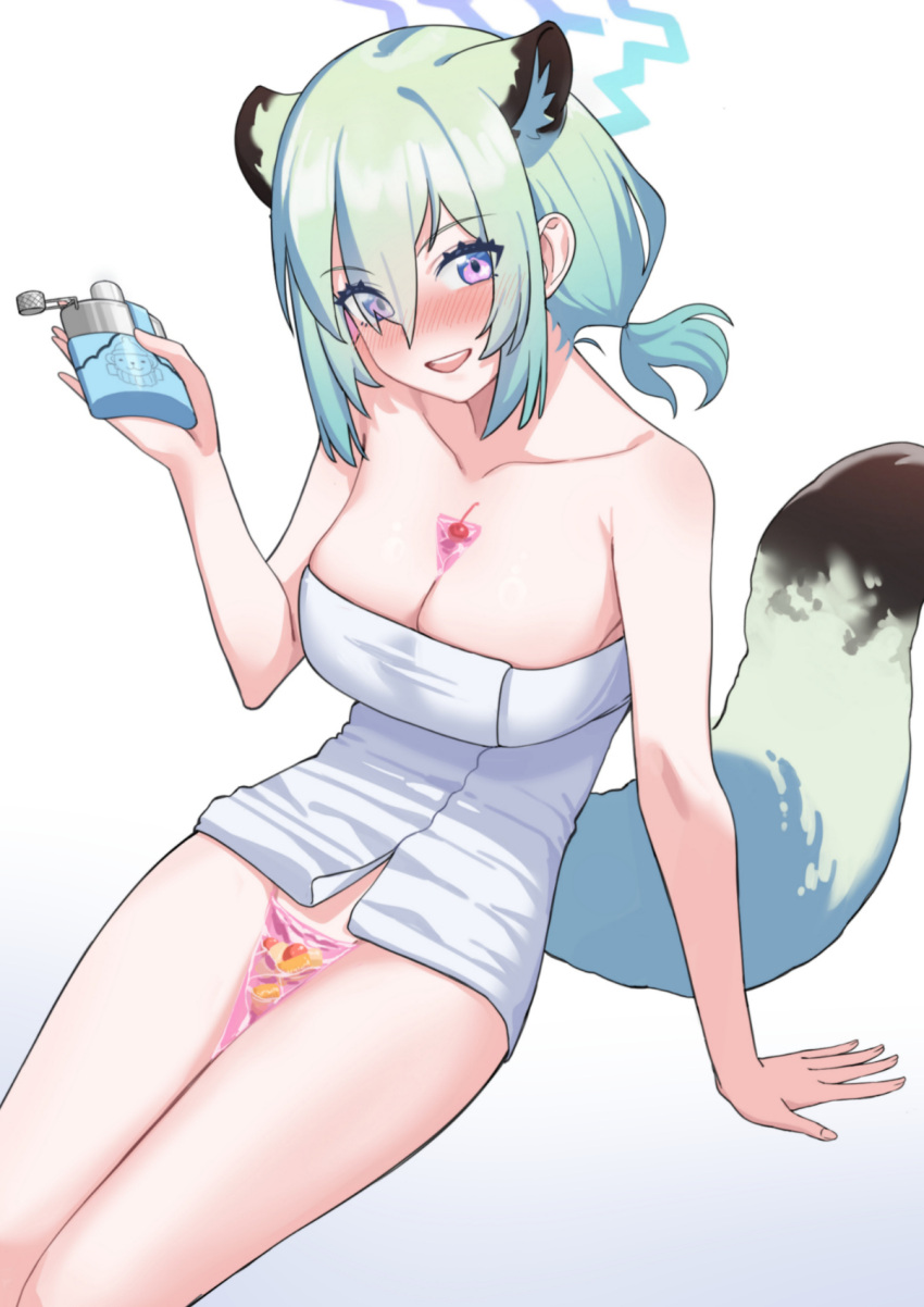 1girl acaa animal_ears arm_support bangs bare_shoulders blue_archive blush breasts bust_cup cherry cleavage collarbone extra_ears feet_out_of_frame flask food fruit green_hair halo highres hip_flask holding holding_flask invisible_chair large_breasts looking_at_viewer naked_towel nose_blush open_mouth purple_eyes shigure_(blue_archive) shigure_(hot_spring)_(blue_archive) short_hair sidelocks sitting smile solo tail towel wakamezake weasel_ears weasel_girl weasel_tail