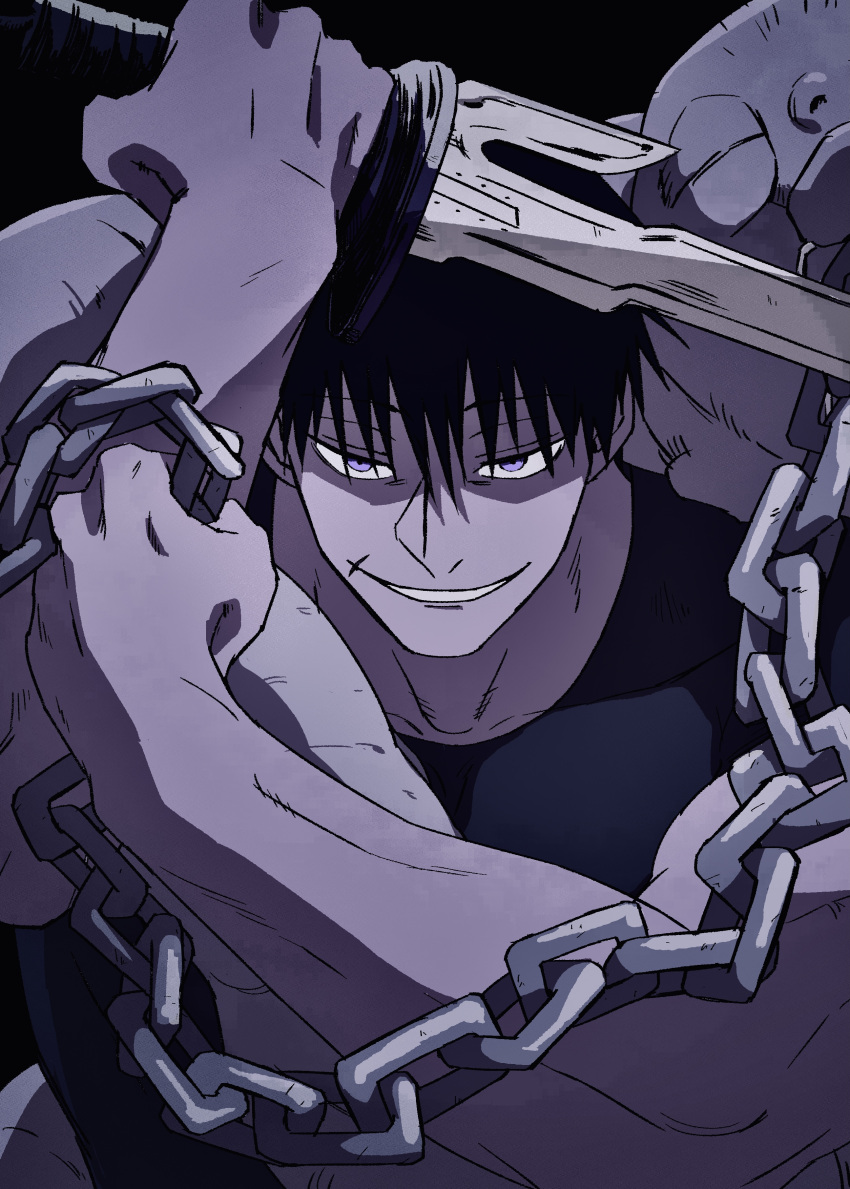 1boy absurdres bad_id bad_twitter_id black_background black_hair black_shirt blade chain close-up facing_viewer fushiguro_touji grin hand_on_hilt head_down highres holding jujutsu_kaisen kei_(ahan_uhun_345) looking_afar looking_up male_focus mature_male monochrome monster muscular muscular_male scar scar_on_face scar_on_mouth shirt short_hair smile solo_focus sword weapon