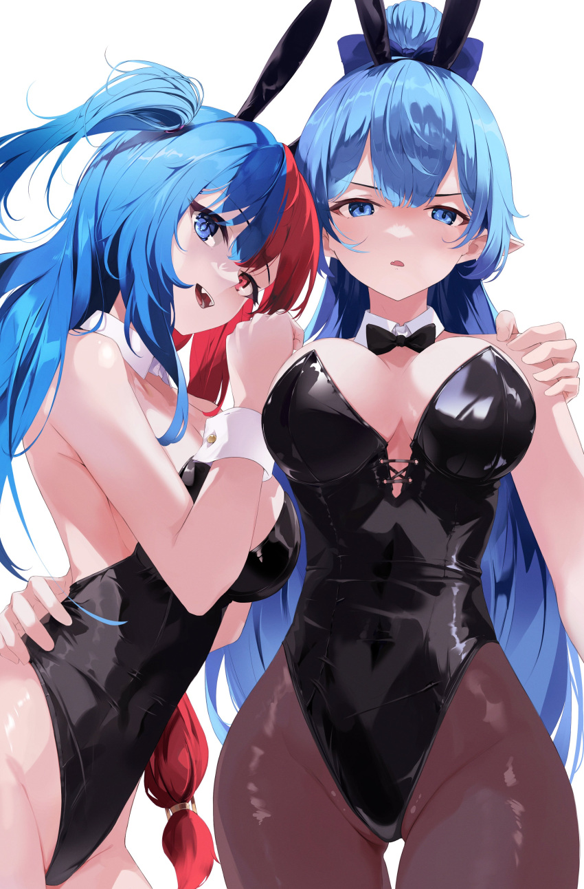 2girls :d absurdres animal_ears bangs bare_arms bare_shoulders black_bow black_bowtie black_leotard blue_bow blue_eyes blue_hair bow bowtie breasts cowboy_shot detached_collar fake_animal_ears hair_bow hand_on_another's_hip hands_on_another's_shoulders heterochromia high_ponytail highres kooemong large_breasts leotard long_hair looking_at_viewer multicolored_hair multiple_girls one_side_up open_mouth original pantyhose playboy_bunny pointy_ears rabbit_ears red_eyes red_hair serious simple_background smile teeth white_background wrist_cuffs