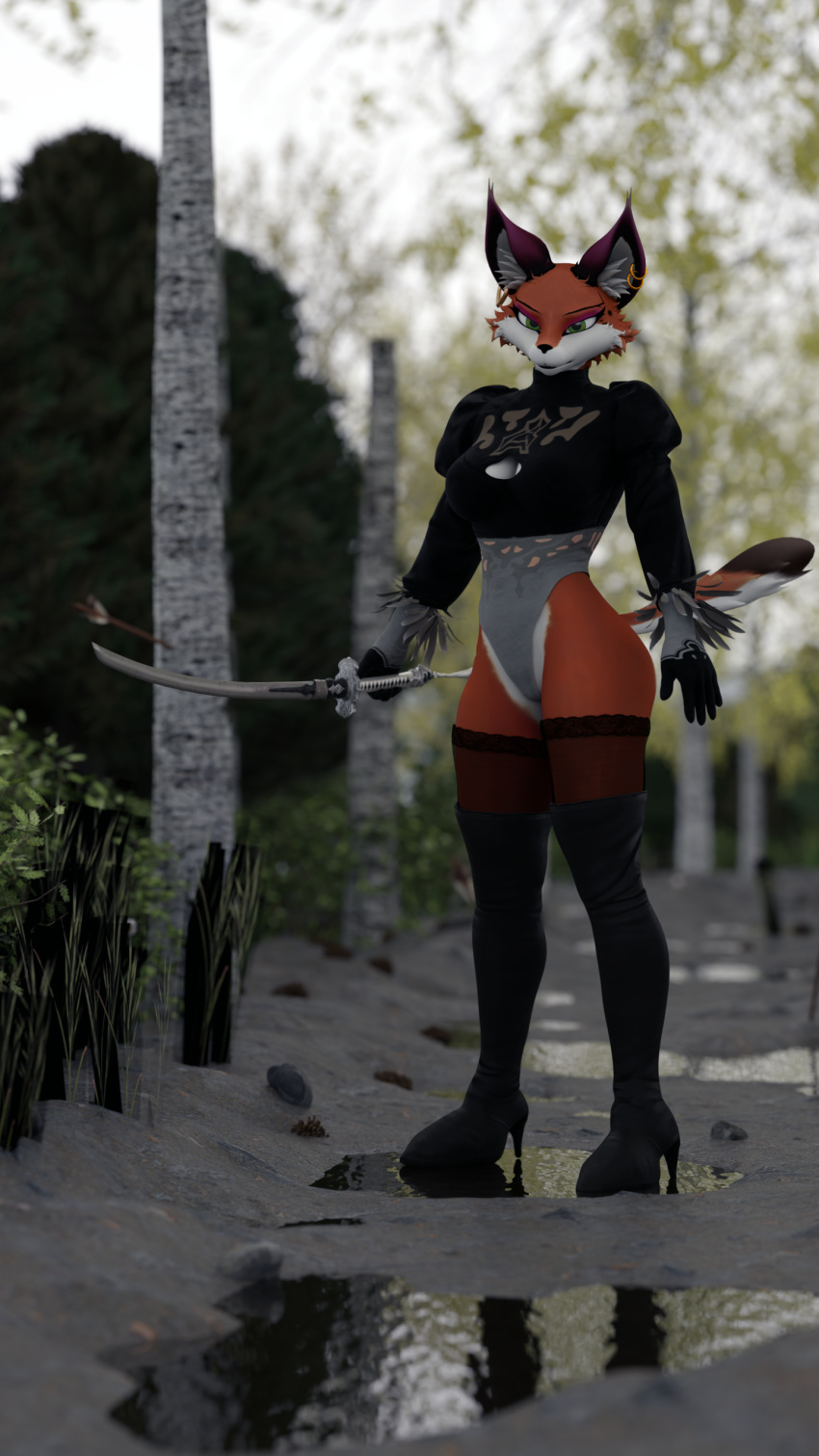 3d_(artwork) 9:16 absurd_res anthro arrow_(weapon) blender_(software) blender_cycles bodysuit breasts canid canine cleavage cleavage_cutout clothed clothing cosplay digital_media_(artwork) dirt ear_piercing ear_ring feathers female fishnet footwear forest fox foxxy_vixen foxy_(original) gloves grass handwear hi_res high_heels keyhole_turtleneck leaf legwear mammal mean_look nature nature_background nier_automata piercing plant ranged_weapon reflection ring_piercing skinsuit solo stockings straps suit sweater tail tight_clothing topwear tree water weapon yorha_2b