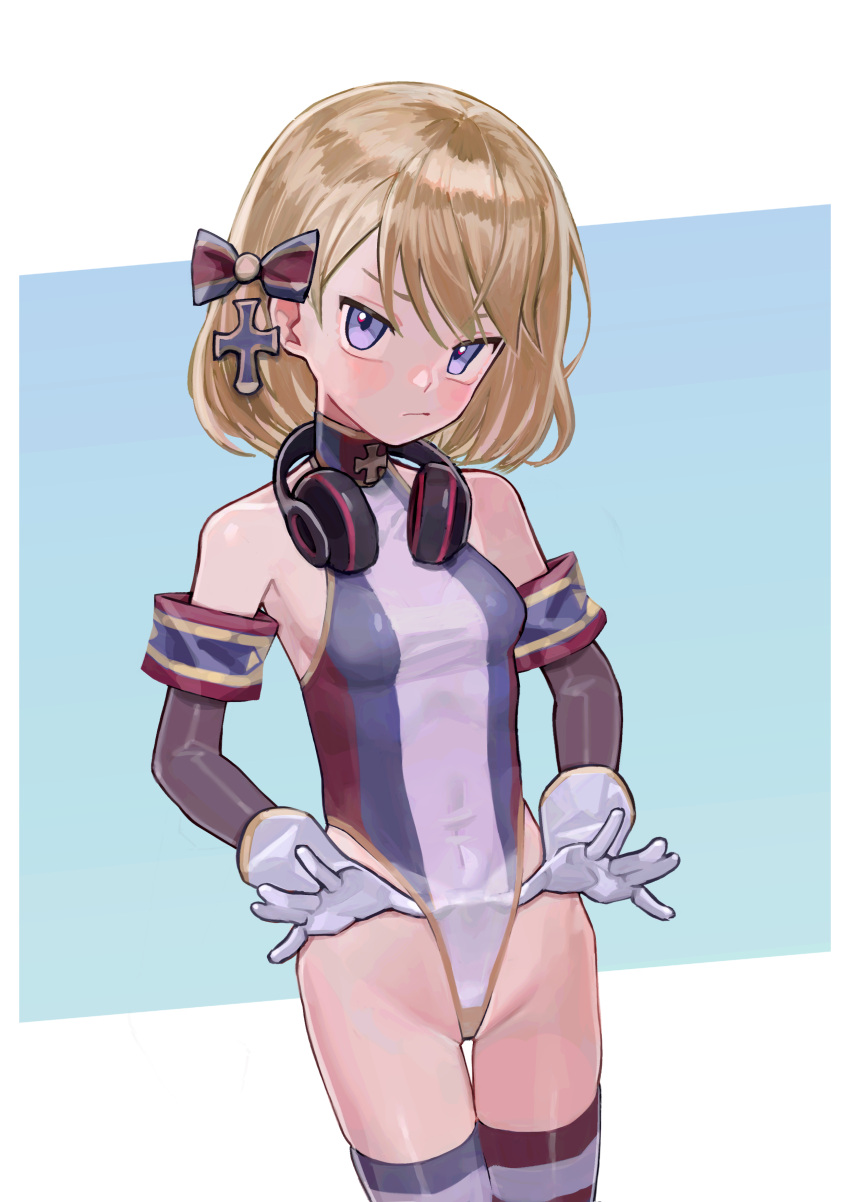 1girl absurdres azur_lane bangs blonde_hair blush bow breasts closed_mouth commission detached_sleeves english_commentary gloves hair_bow hat headphones headphones_around_neck highleg highleg_leotard highres leotard looking_at_viewer pixiv_commission purple_eyes retrofit_(azur_lane) saaal653 short_hair simple_background small_breasts solo thighhighs white_gloves z23_(azur_lane)