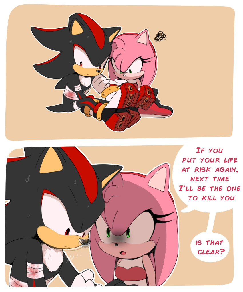 2022 accessory amy_rose angry anthro arm_grab bandage bandaged_arm bandaged_chest biped black_body black_ears black_hair black_nose black_skin blue_hair bodily_fluids chest_tuft chocomilkamy clothing comic dialogue digital_media_(artwork) duo english_text eulipotyphlan female female_anthro footwear gloves green_eyes hair hair_accessory hairband handwear hedgehog hi_res long_hair looking_at_another male male_anthro mammal multicolored_hair open_mouth pink_ears pink_hair red_eyes red_hairband sega shadow_the_hedgehog shoes simple_background sitting sonic_the_hedgehog_(series) speech_bubble sweat text tuft two_tone_hair white_chest_tuft white_clothing white_gloves white_handwear