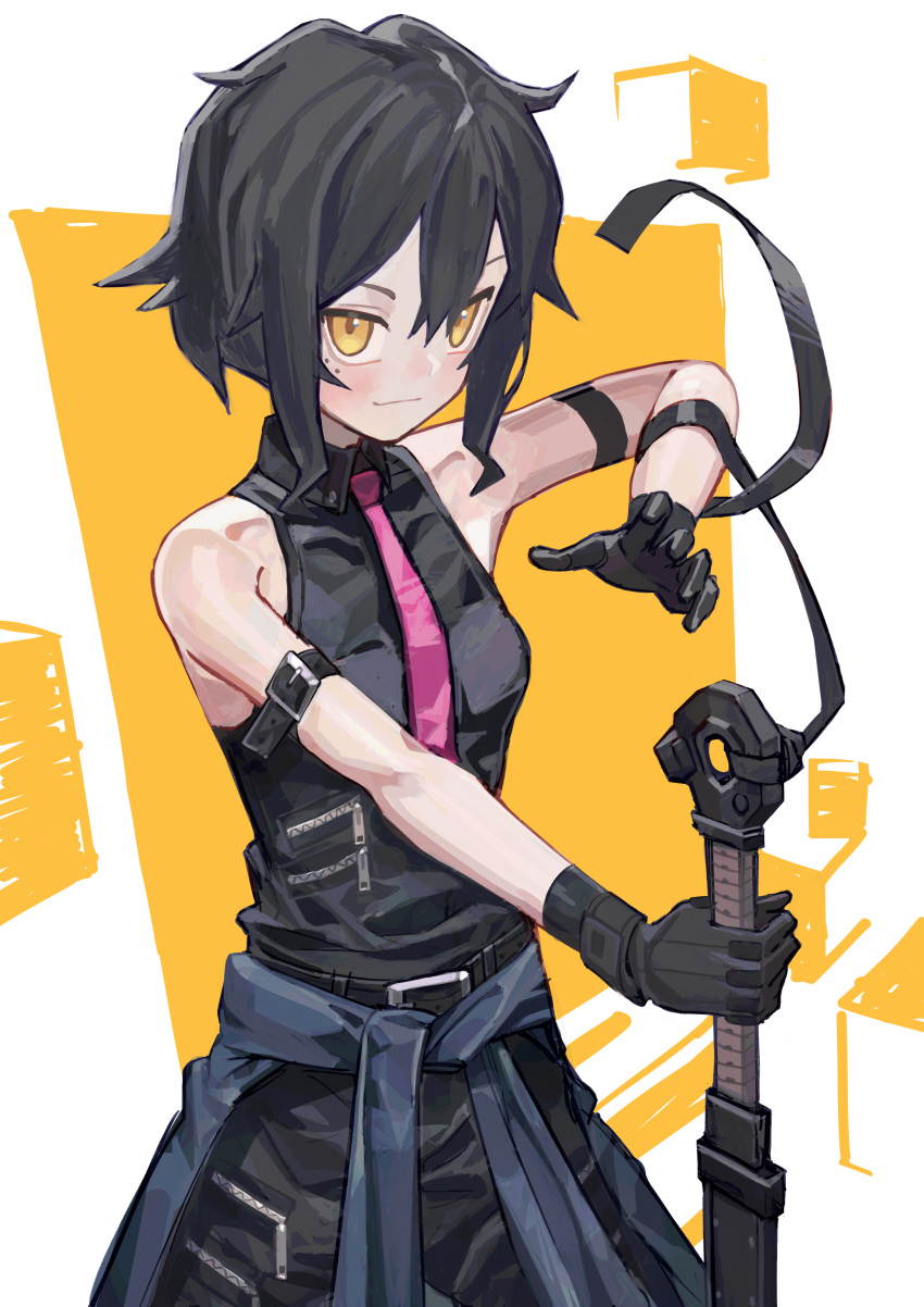 1girl absurdres bangs black_gloves black_hair black_shirt breasts clothes_around_waist commission english_commentary gloves hair_between_eyes highres holding holding_weapon looking_at_viewer mole mole_under_eye necktie orange_eyes original pink_necktie pixiv_commission saaal653 shirt short_hair simple_background sleeveless sleeveless_shirt small_breasts solo weapon