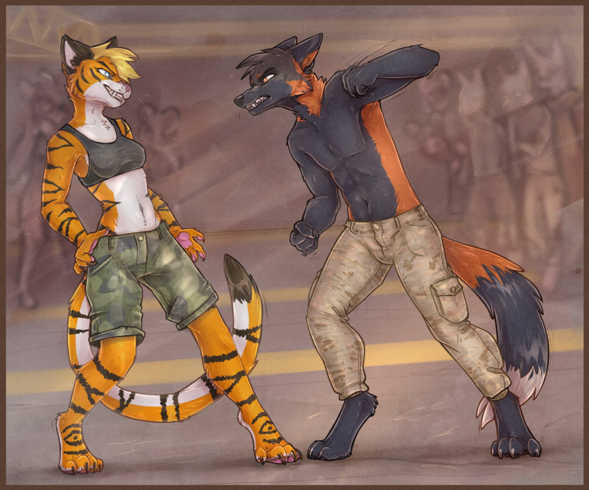 anthro barefoot black_body black_fur black_stripes bottomwear breasts canid canine clothed clothing digital_media_(artwork) dipstick_tail duo_focus eye_contact feet felid female fight fox fur grin group head_tuft hi_res looking_at_another male mammal markings midriff navel orange_body orange_fur pantherine shorts smile stripes tail tail_markings tiger topless tuft white_body white_fur yshanii