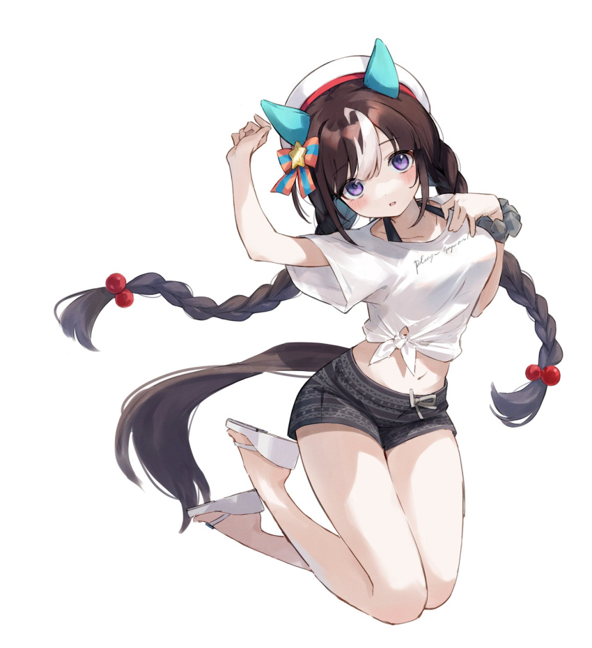 1girl animal_ears beret black_shorts braid brown_hair ear_covers flip-flops gaze_on_me!_outfit_(umamusume) grey_scrunchie hat highres hokko_tarumae_(umamusume) horse_ears horse_girl horse_tail legs_up long_hair looking_at_viewer multicolored_hair navel official_alternate_costume oguri_(oguri_yuta) purple_eyes sailor_hat sandals scrunchie shirt shorts simple_background solo t-shirt tail tied_shirt twin_braids umamusume white_background white_footwear white_headwear white_shirt wrist_scrunchie