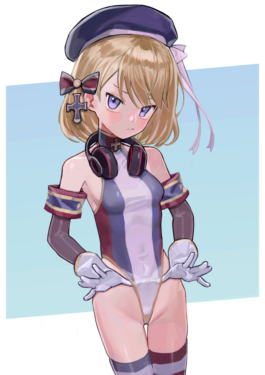 1girl absurdres azur_lane bangs beret blonde_hair blue_headwear blush bow breasts closed_mouth commission detached_sleeves english_commentary gloves hair_bow hat headphones headphones_around_neck highleg highleg_leotard highres leotard looking_at_viewer pixiv_commission purple_eyes retrofit_(azur_lane) saaal653 short_hair simple_background small_breasts solo thighhighs white_gloves z23_(azur_lane)