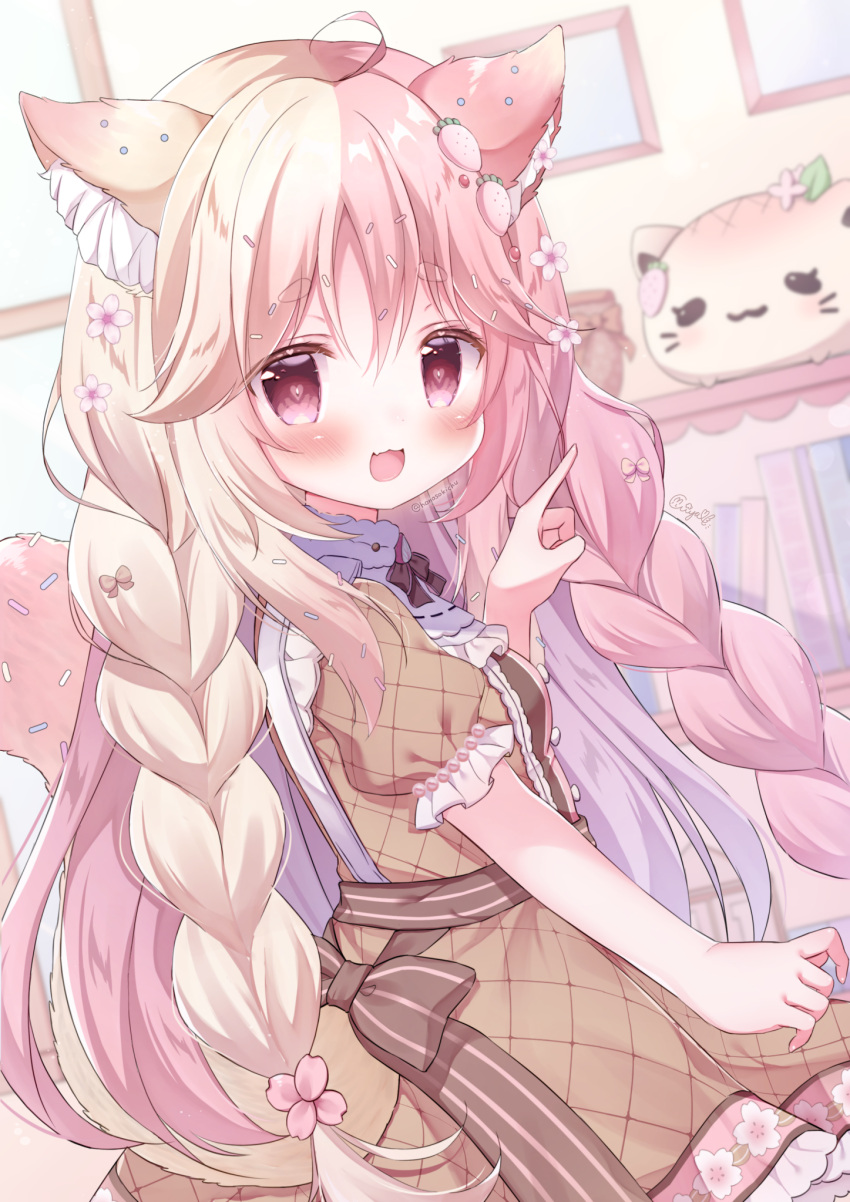 1girl :3 animal_ears bangs blonde_hair blush book bookshelf bow braid cat_ears cat_girl cat_tail cherry_blossoms commission floral_print flower food-themed_hair_ornament frilled_shirt_collar frilled_sleeves frills gem hair_flower hair_ornament hanasakichu heart heart-shaped_pupils highres indie_virtual_youtuber indoors long_hair looking_at_viewer looking_back multicolored_hair neck_ribbon open_mouth original pearl_(gemstone) pink_eyes pink_hair pointing puffy_short_sleeves puffy_sleeves ribbon sash shelf short_sleeves skeb_commission smile solo split-color_hair sprinkles strawberry_hair_ornament striped striped_bow striped_ribbon stuffed_animal stuffed_cat stuffed_toy symbol-shaped_pupils tail tail_ornament twin_braids two-tone_hair very_long_hair virtual_youtuber whipped_cream