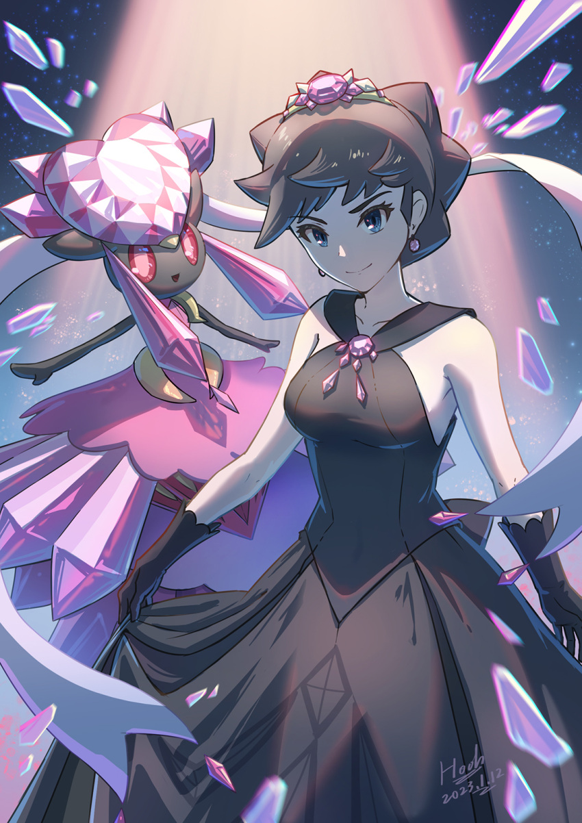 1girl black_dress black_gloves black_hair breasts collarbone diancie diantha_(pokemon) dress earrings gem gloves highres ho-oh_(artist) jewelry looking_at_viewer mega_diancie mega_pokemon official_alternate_costume pokemon pokemon_(creature) pokemon_(game) pokemon_masters_ex red_eyes signature skirt_hold smile