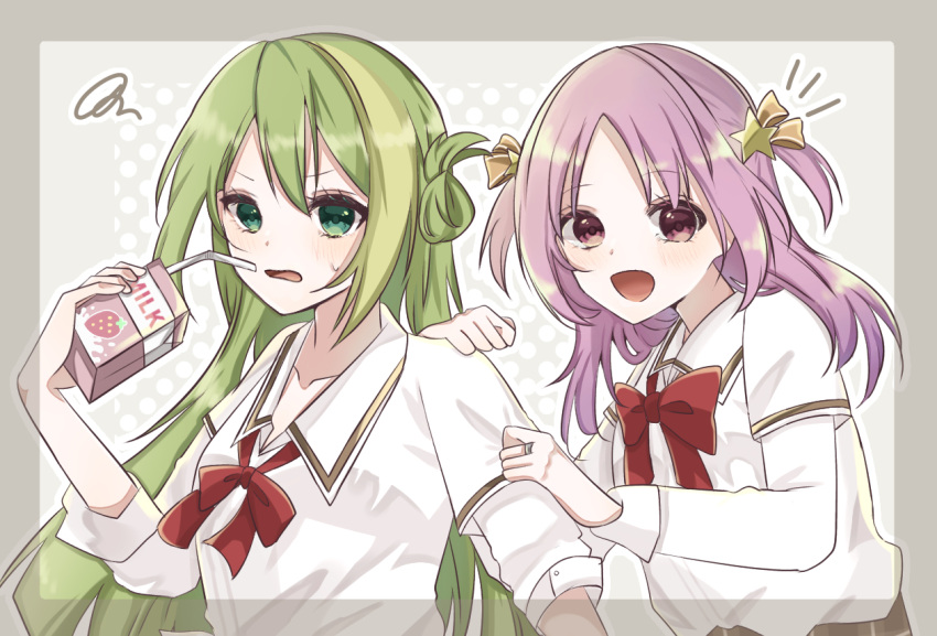 2girls :d alina_gray bangs blush bow bowtie green_eyes green_hair hair_ornament hair_ribbon holding holding_carton layered_sleeves long_hair long_sleeves looking_at_viewer magia_record:_mahou_shoujo_madoka_magica_gaiden mahou_shoujo_madoka_magica medium_hair misono_karin multiple_girls open_mouth orange_ribbon parted_bangs parted_hair pink_hair red_bow red_bowtie red_eyes ribbon rrr_0704_matu sakae_general_school_uniform school_uniform shirt short_over_long_sleeves short_sleeves sleeve_cuffs smile star_(symbol) star_hair_ornament strawberry_milk two_side_up upper_body white_shirt wing_collar