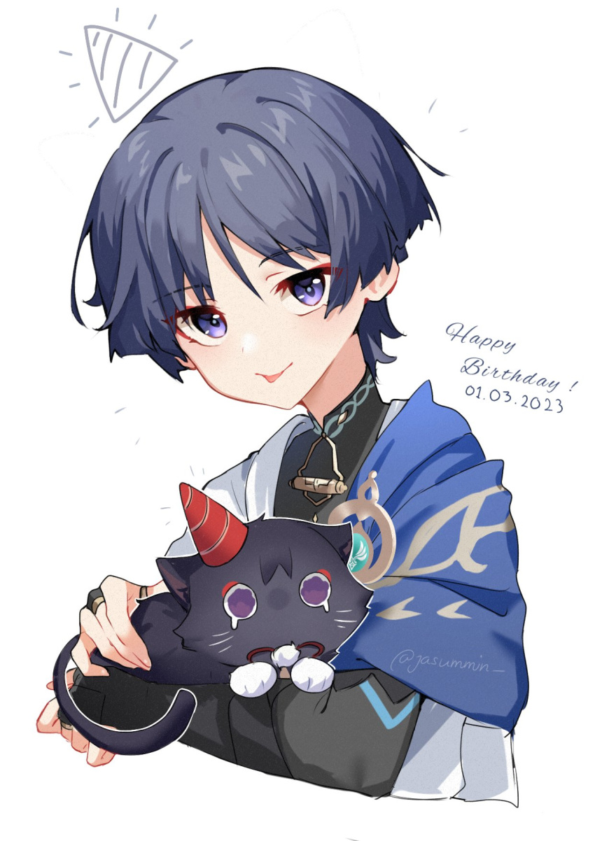 1boy animal_ears animalization arm_armor artist_name bangs black_fur black_shirt blue_gemstone blue_vest blunt_ends blush cat cat_ears cat_tail closed_mouth dared english_text gem genshin_impact gold grey_vest hair_between_eyes hands_up happy_birthday hat highres hug jasummin jewelry looking_at_viewer looking_to_the_side lying lying_on_person mandarin_collar necklace no_headwear no_mouth official_alternate_costume on_stomach open_clothes open_vest purple_eyes purple_hair red_headwear ring scaramouche_(cat)_(genshin_impact) scaramouche_(genshin_impact) shirt short_hair short_sleeves smile standing striped striped_headwear tail tears tongue tongue_out two-tone_vest vest vision_(genshin_impact) wanderer_(genshin_impact)