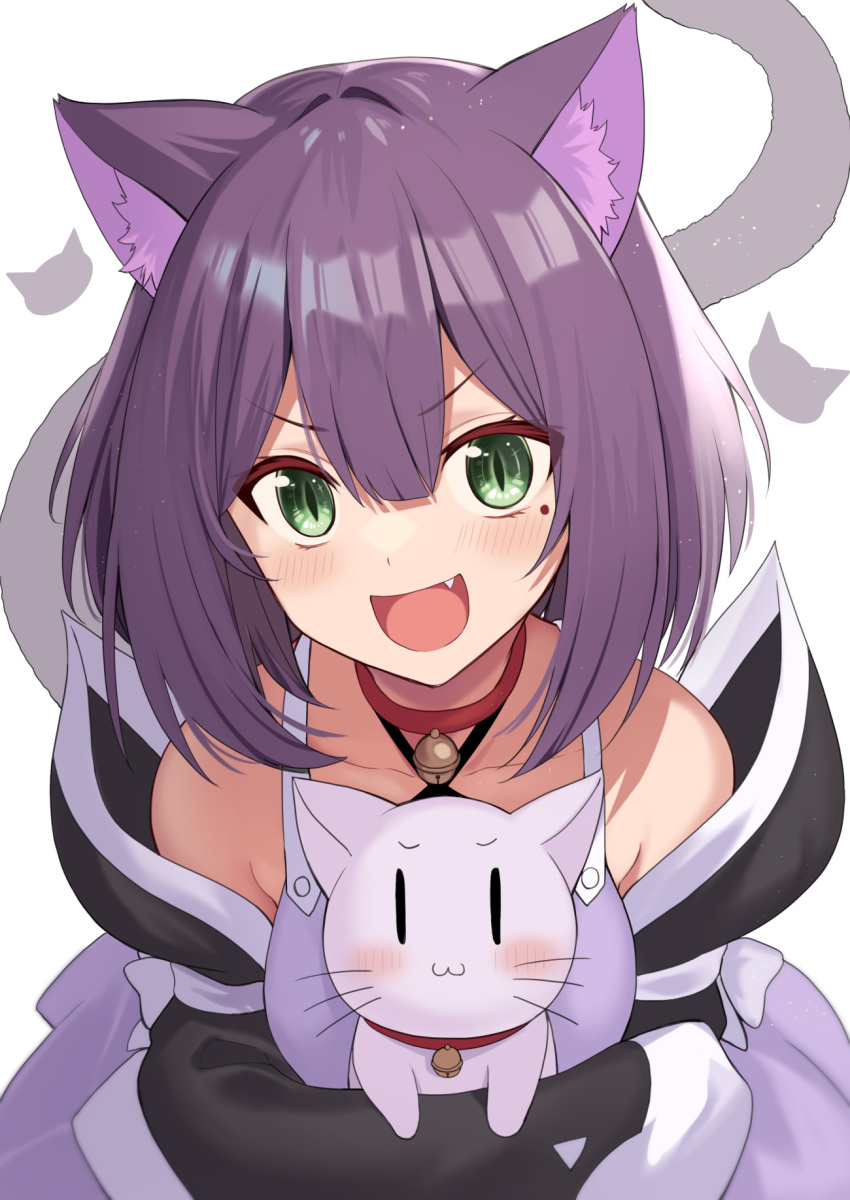 1girl :3 :d animal animal_ear_fluff animal_ears bare_shoulders bell black_jacket bob_cut cat cat_ears cat_tail commentary_request criss-cross_halter cropped_torso crossed_arms dress green_eyes hair_between_eyes halterneck highres holding holding_animal holding_cat jacket light_blush long_sleeves looking_at_viewer mahcdai mole mole_under_eye neck_bell off_shoulder open_clothes open_jacket open_mouth original purple_dress purple_hair shirt short_hair simple_background sleeveless sleeveless_shirt slit_pupils smile solo spaghetti_strap tail upper_body white_background |_|